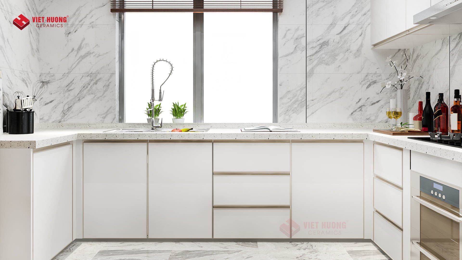 Top 30+ mẫu gạch ốp tường bếp đẹp và kinh nghiệm chọn gạch ốp bếp phải nắm Nhà bếp ốp đá terrazzo trắng
