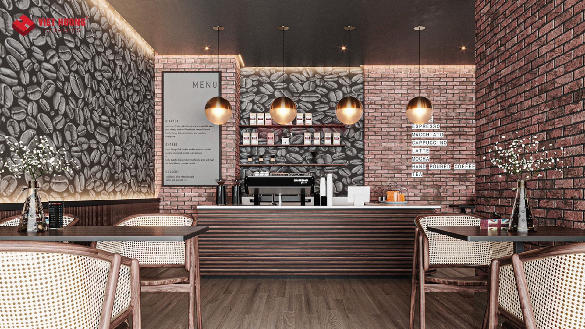 Gạch cổ bìa trang trí nội thất quán cafe rustic