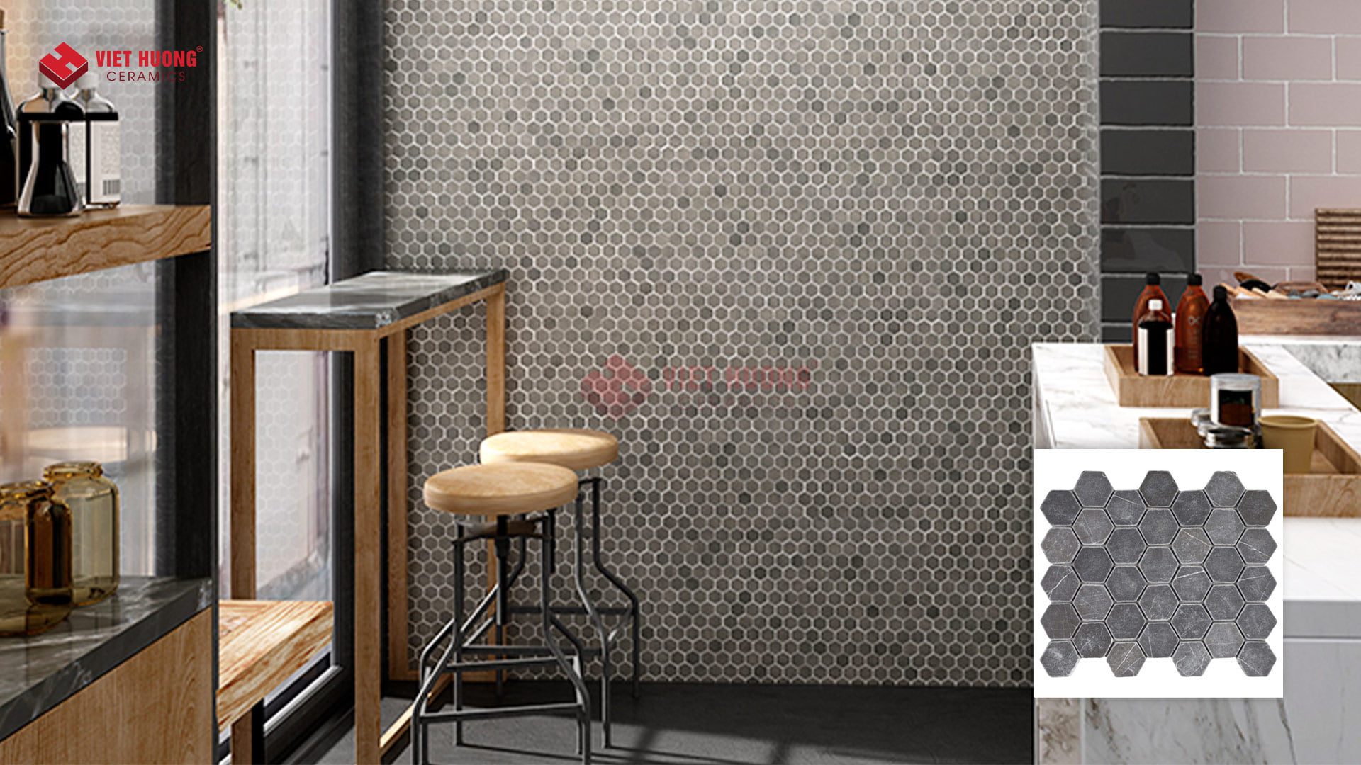 Top 30+ mẫu gạch ốp tường vintage sang trọng Gạch mosaic bằng đá tự nhiên ốp tường quán cafe cổ điển - HD51113