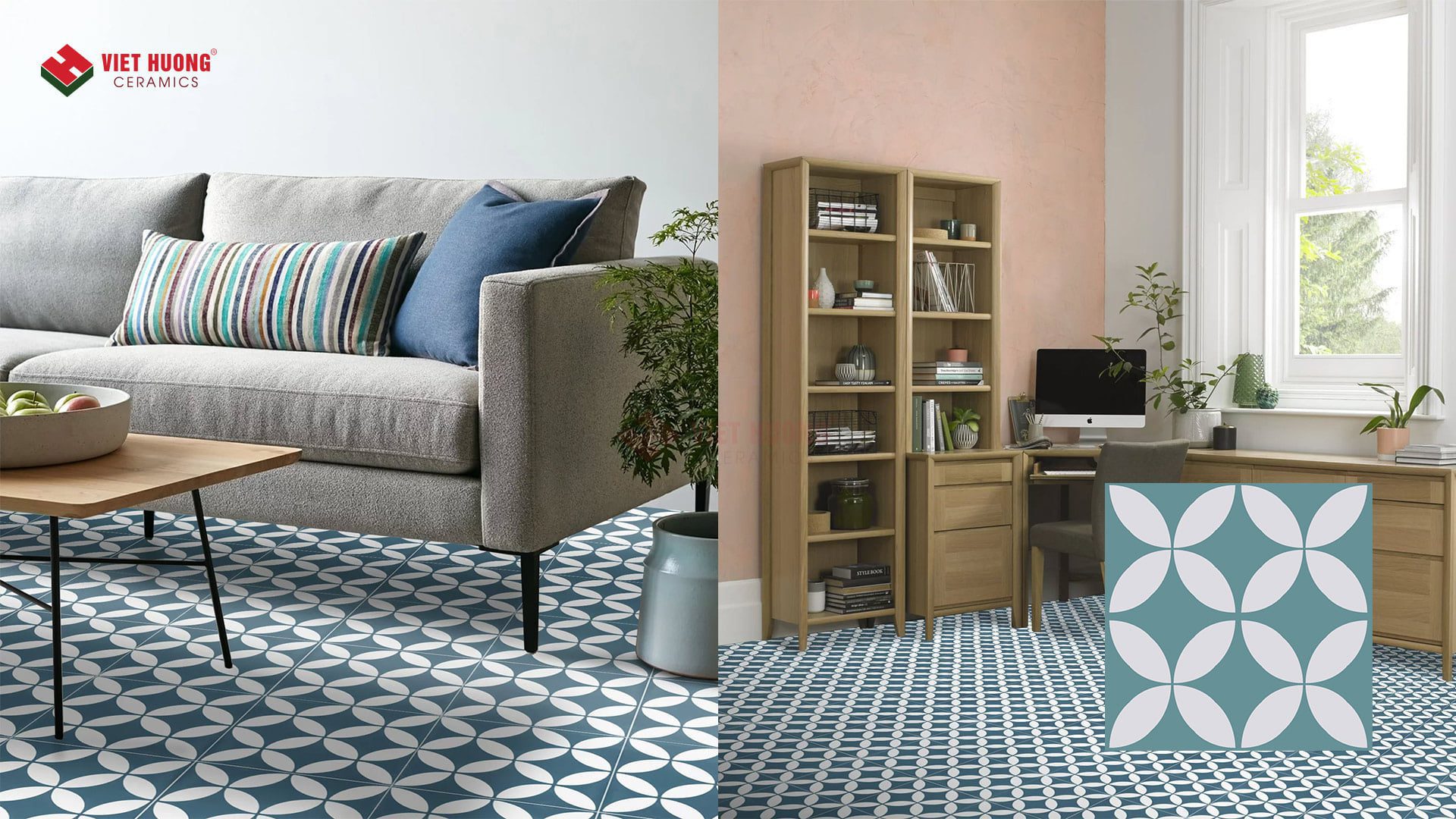 Top 20+ mẫu gạch bông cổ điển - Gạch bông xưa ký ức một thời Gạch bông xanh cổ điển lát phòng khách - VH 6.23