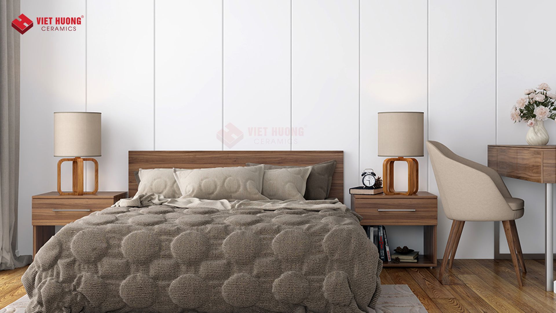Xu hướng Decor phòng ngủ của Gen Z - Tư vấn gạch ốp lát Drap giường màu xám xanh tạo điểm nhấn cho căn phòng