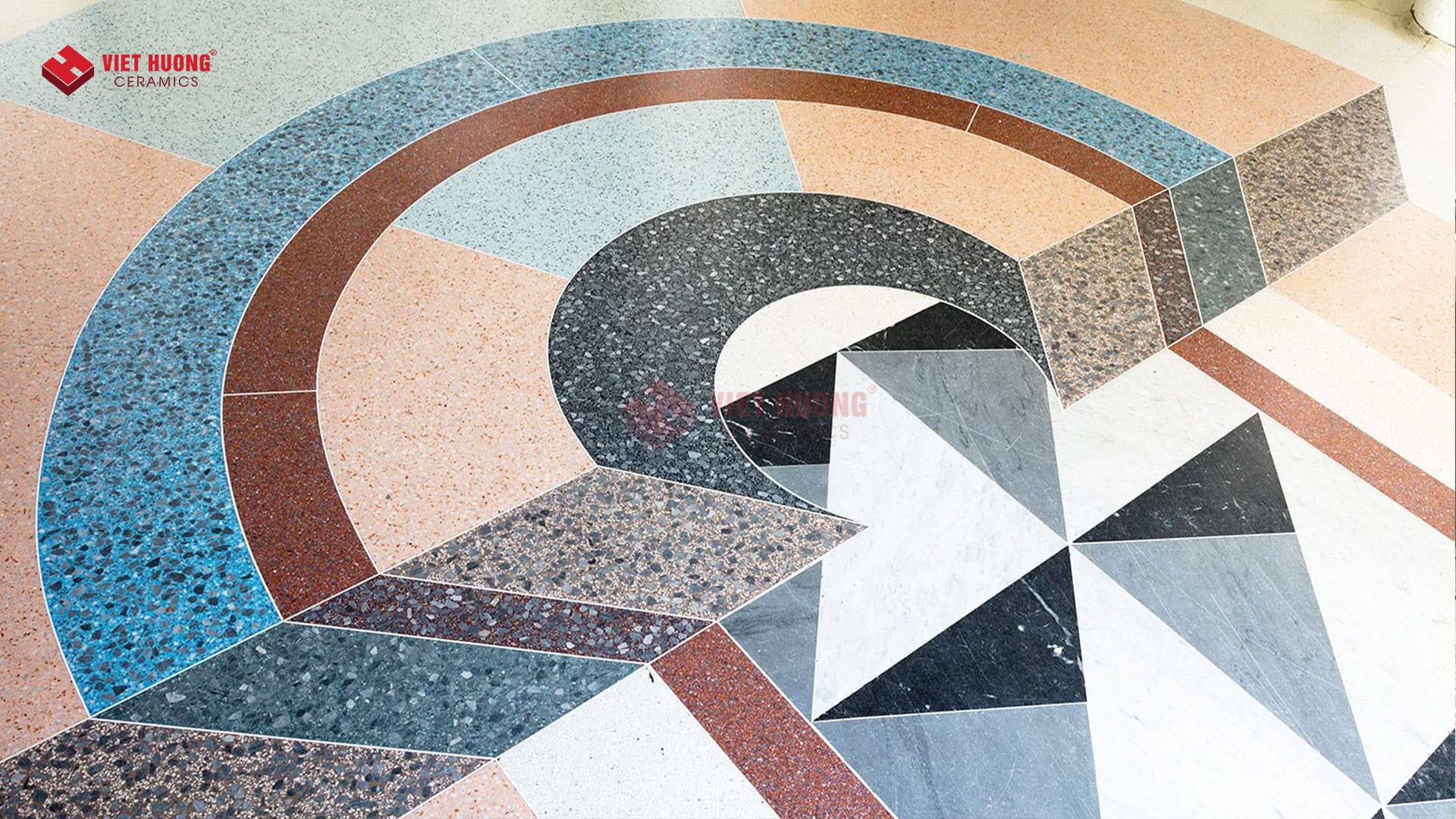 Gạch thảm terrazzo trang trí họa tiết dưới sàn nhà