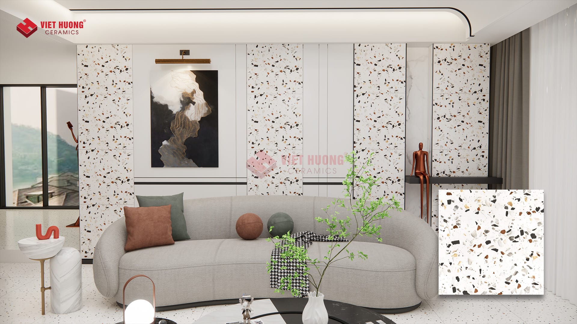 Phong cách industrial là gì? Những mẫu gạch ốp lát cho phong cách kiến trúc công nghiệp phổ biến Gạch giả đá terrazzo lát nền phòng khách - 60JH6601S