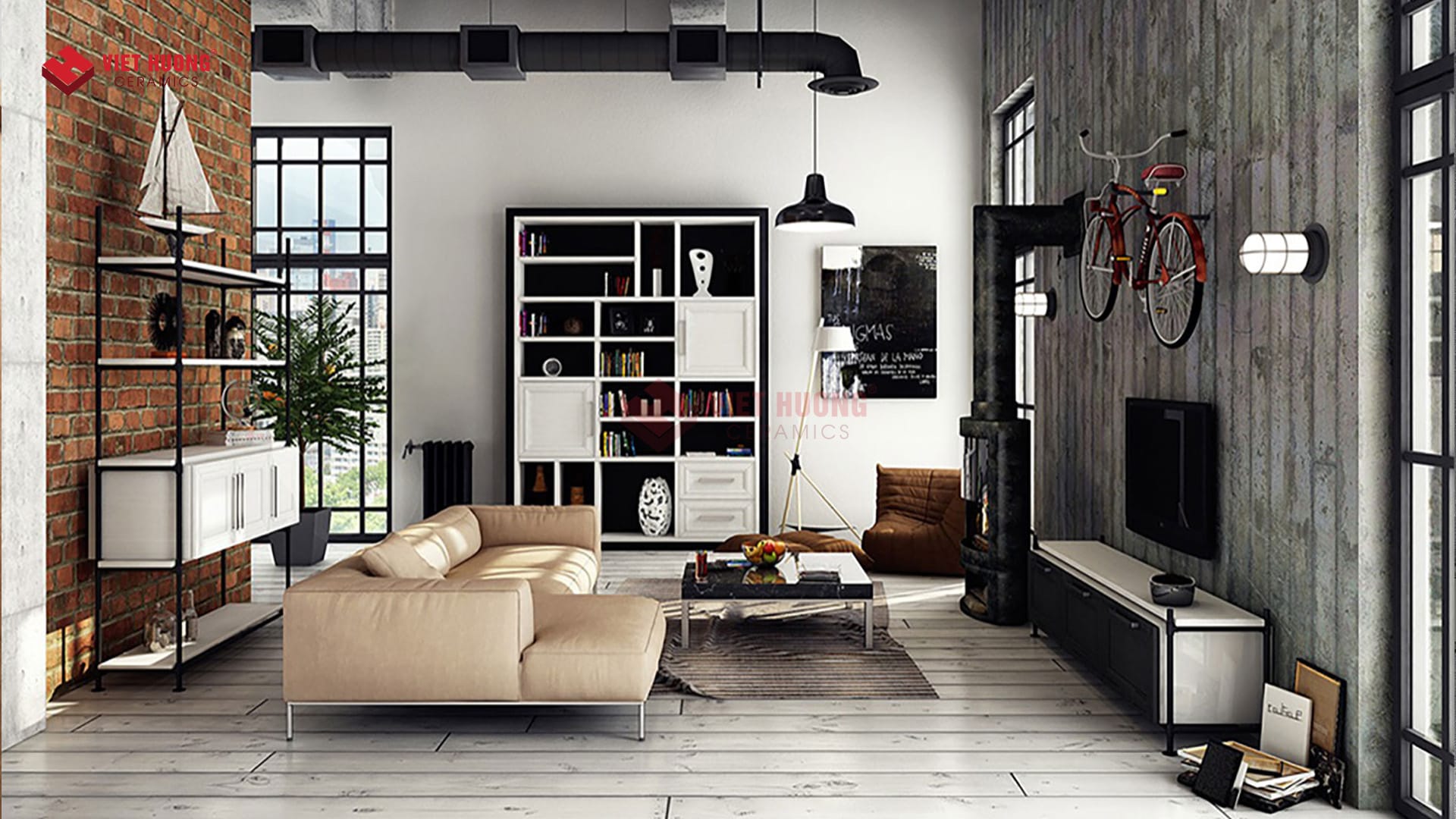 Phong cách industrial là gì? Những mẫu gạch ốp lát cho phong cách kiến trúc công nghiệp phổ biến Gạch cổ bìa ốp tường phòng khách industrial