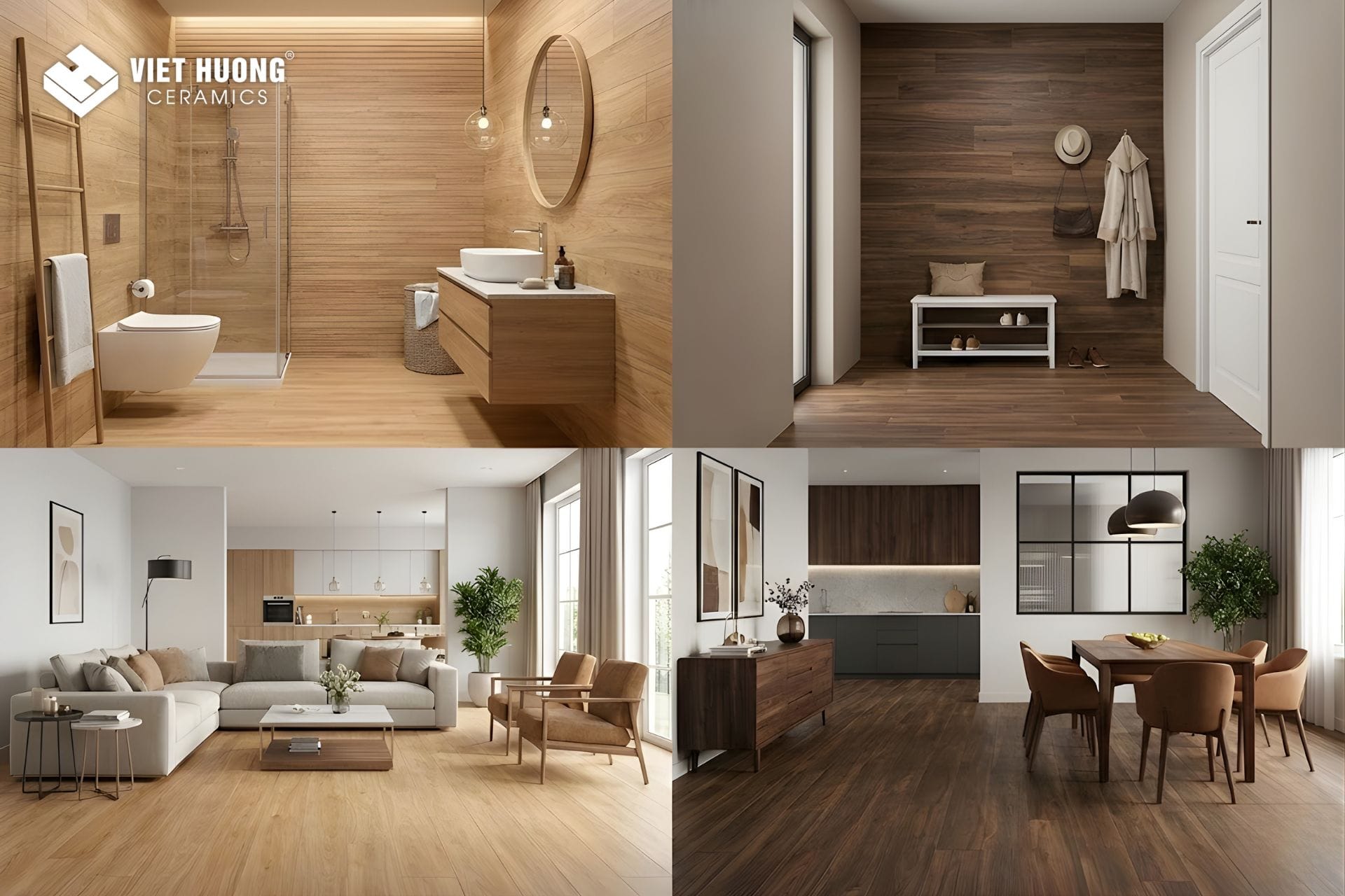 Bộ sưu tập gạch vân gỗ cao cấp Timeless & Dream - Giải pháp thay thế sàn gỗ hiện đại & bền vững So sánh gạch vân gỗ cao cấp màu sáng và màu đậm cho không gian nhỏ và lớn.